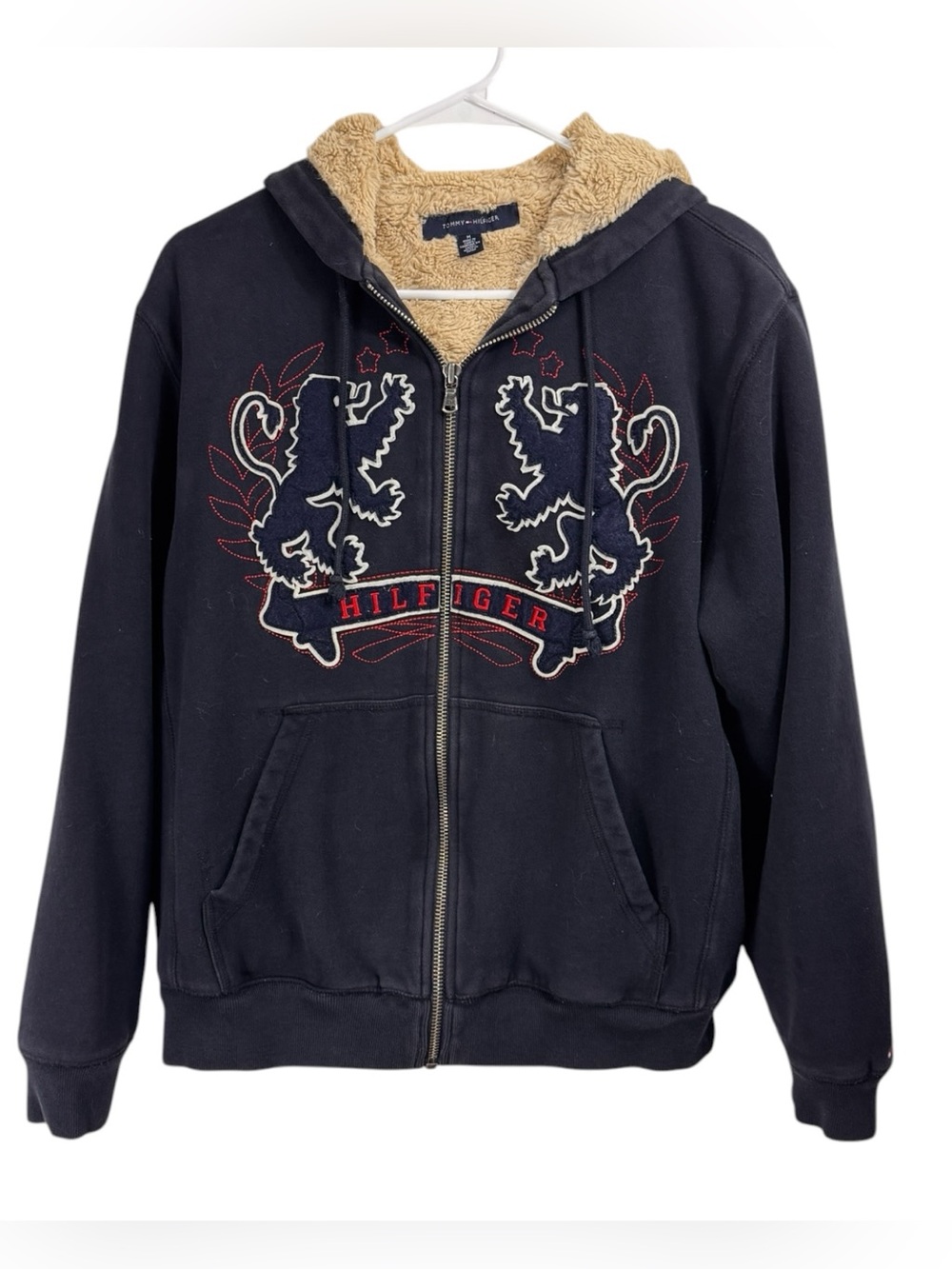 Vintage Y2K Tommy Hilfiger Size Medium Sherpa Full Zip Lion Spell Out Jacket